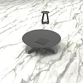 Modern Stool With Round Brown Wood Textured Top And Black Metal Legs On Marble Floor