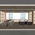 Casual Lounge Area With Wooden Bookshelves Long Table Chairs Sofa Windows And Wooden Flooring