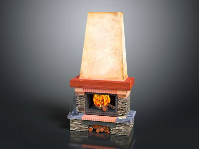 Tall Beige And Red Fireplace With Stone Base Burning Fire And Wood Logs 3d model