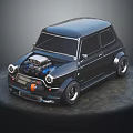 Black Retro Modified Car With Exposed Blue Engine Large Wheels And Racing Accents