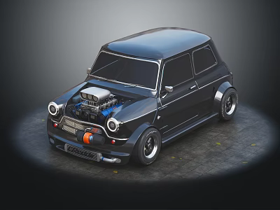 Black Retro Modified Car With Exposed Blue Engine Large Wheels And Racing Accents 3d model