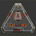 Futuristic Triangular Metallic Tech Device with Red Orange Accents and Central Emblem Panel 3d model