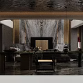 Modern Hotel Lobby Design With Red Curved Ceiling Black Artwork And Marble Floor