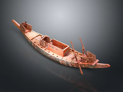 Traditional Wooden Water Transport Boat With Oars And Classic Structure 3d model