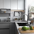 Modern Kitchen Interior Design With Gray Cabinets White Countertop Window Blinds And Oven