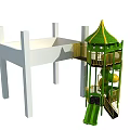 Green Tower Playground Equipment With Yellow Slides Stairs And Safety Railings