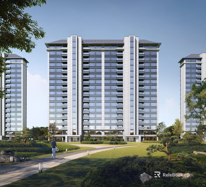 Modern High Rise Residential Building With Landscaped Greenery And Pathway Surroundings 3d model 