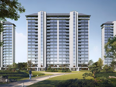 Modern High Rise Residential Building With Landscaped Greenery And Pathway Surroundings 3d model
