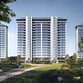 Modern High Rise Residential Building With Landscaped Greenery And Pathway Surroundings