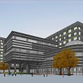 Modern Hotel Building With Contemporary Facade Glass Windows And Yellow Trees In Plaza Area
