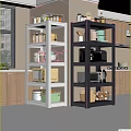 White and Gray Kitchen Shelving Units With Containers Microwave Coffee Maker Dishes and Storage Boxes