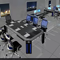 Modern Monitoring Room with Multiple Computer Screens Workstations and Blue Lighting