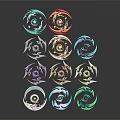 Colorful Boomerang Weapons with Spiral Design in Various Colors on Black Background