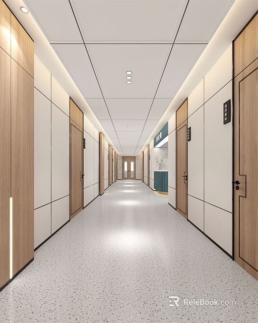 Modern Office Corridor Interior Design With Wooden Doors White Walls And Ceiling Lights 3d model 