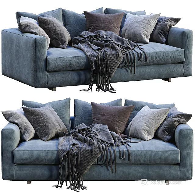 Cozy Blue Sectional Sofa With Multiple Throw Pillows And Fringe Blanket Design 3d model