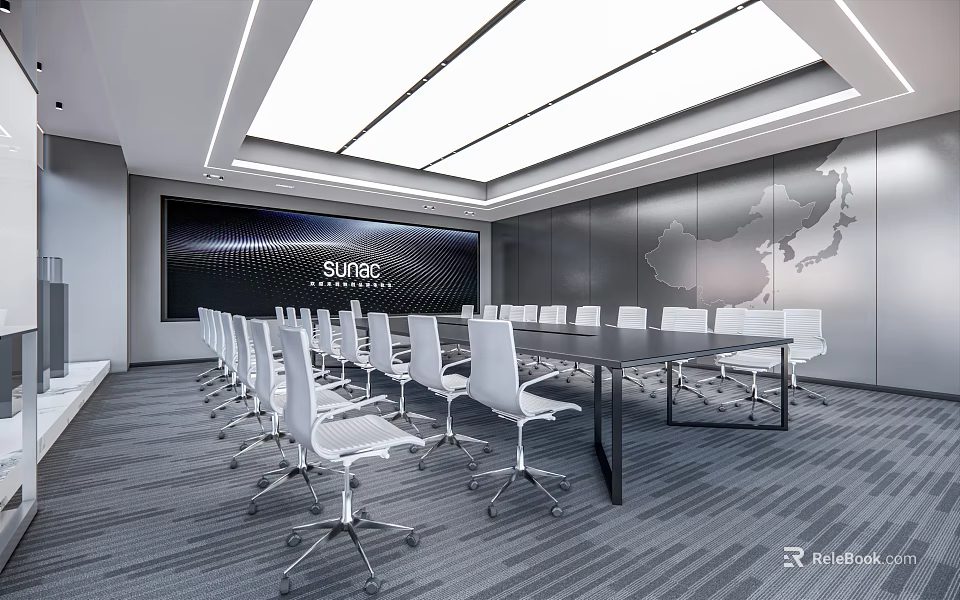 Modern Conference Room Interior With Long Table White Chairs And World Map Wall Ceiling Lighting 3d model 