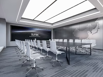 Modern Conference Room Interior With Long Table White Chairs And World Map Wall Ceiling Lighting 3d model