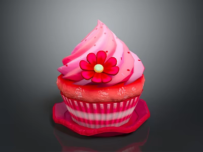 Decorative Pink Cupcake With Pink Frosting Red Flower And Striped Tray Design 3d model