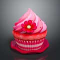 Decorative Pink Cupcake With Pink Frosting Red Flower And Striped Tray Design