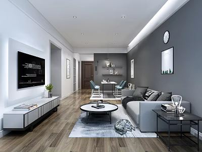 Modern Living Room Interior With Gray Sofa Coffee Table TV Rug And Dining Table 3d model