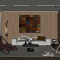 Modern Living Room Interior With Wooden Walls Colorful Geometric Painting White Sofa And Red Armchairs
