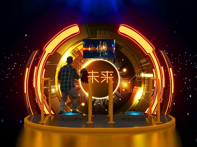 Person Standing In Illuminated Circular Structure With Future Theme And Starry Background 3d model