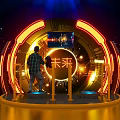 Person Standing In Illuminated Circular Structure With Future Theme And Starry Background