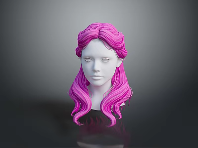 Detailed 3D Character Head Model Featuring Pink Long Hair And White Face Design 3d model