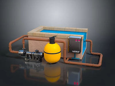 Water Treatment System With Pool Yellow Tank Pump Pipes And Control Box 3d model