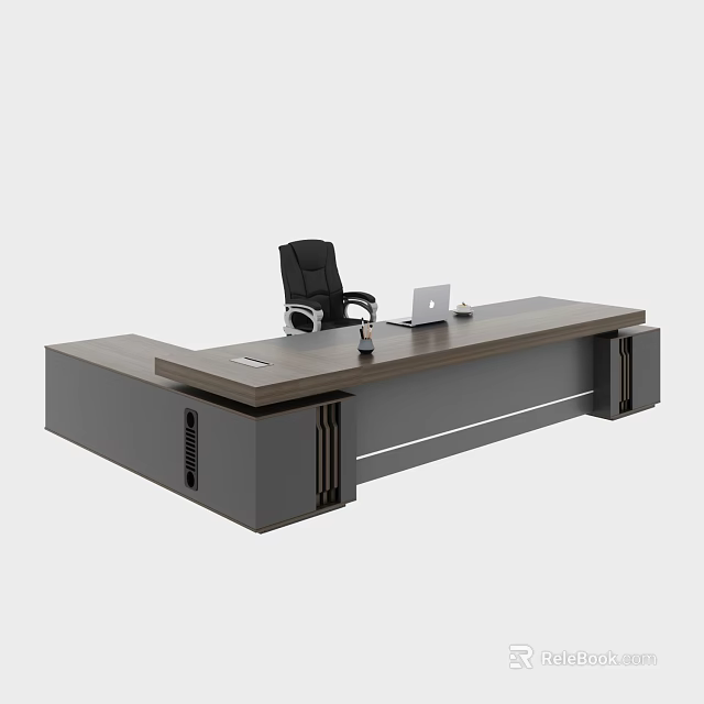 Modern Office Desk And Chair Set With Dark Wood Top Gray Base And Black Chair 3d model 