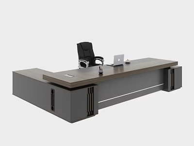 Modern Office Desk And Chair Set With Dark Wood Top Gray Base And Black Chair 3d model
