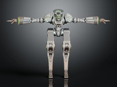 Humanoid Mechanical Robot With Extended Arms Green Accents And Metallic Body 3d model