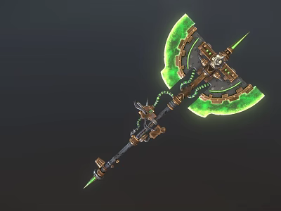 Futuristic Mechanical Axe With Green Glowing Blades And Intricate Gear Details 3d model