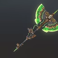 Futuristic Mechanical Axe With Green Glowing Blades And Intricate Gear Details