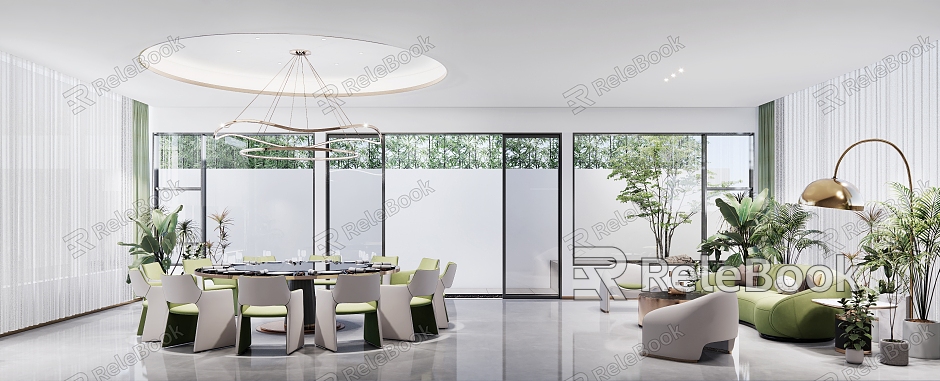 Light Luxury Box Chandelier Dining Table and Chair Combination Sofa Combination Green Plant Combination model