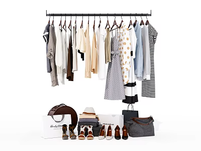 Various Clothes on Hanger with Different Styles and Accessories Like Bags Shoes Hats 3d model