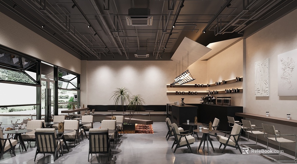Modern Café Interior Design With Comfortable Tables Chairs And Pendant Lights 3d model 