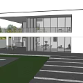 Modern White Detached Villa Exterior With Large Glass Windows Balcony Green Lawn And Pool