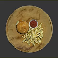 Delicious Hamburger With Fries And Ketchup Served On Round Wooden Plate