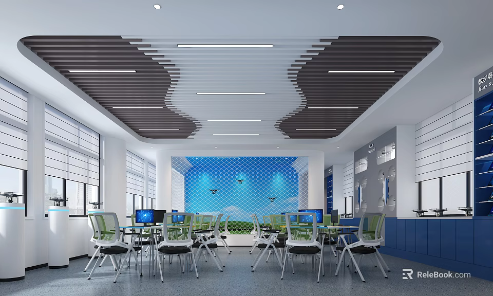 Modern School Classroom With Green Chairs Computer Workstations And Blue Wall Ceiling Design 3d model 