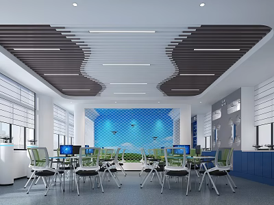Modern School Classroom With Green Chairs Computer Workstations And Blue Wall Ceiling Design 3d model