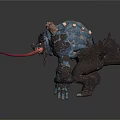 Two Dark Blue Chained Monsters With Horns Extended Tongues and Claws