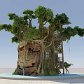 Enchanting Treehouse Design With Large Tree Roots Staircase Slide And Green Leaves