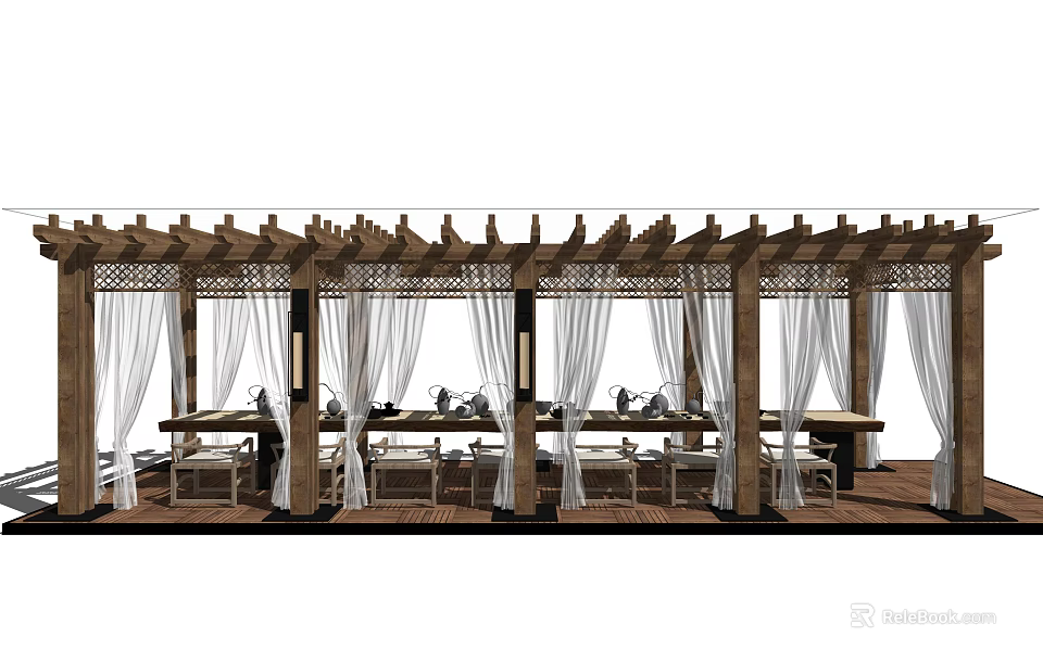 Outdoor Tea Table And Chairs Setup With Wooden Pergola White Curtains And Tea Sets 3d model 