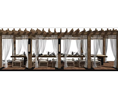 Outdoor Tea Table And Chairs Setup With Wooden Pergola White Curtains And Tea Sets 3d model