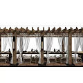 Outdoor Tea Table And Chairs Setup With Wooden Pergola White Curtains And Tea Sets