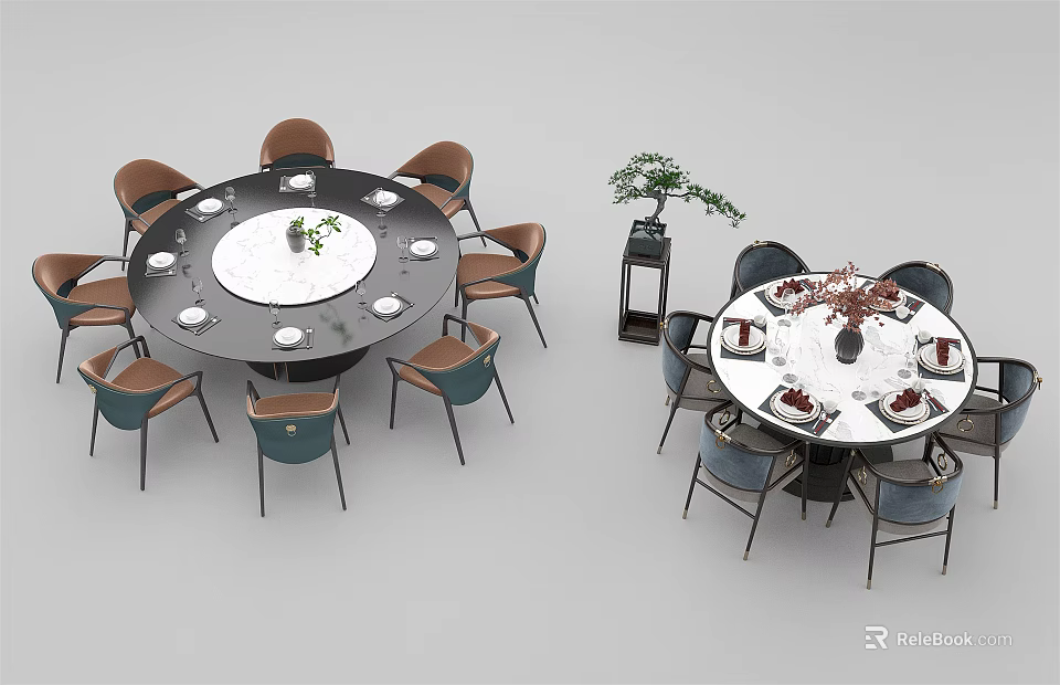 Modern Round Dining Table Set With Multiple Chairs Tableware And Decorative Plants 3d model
