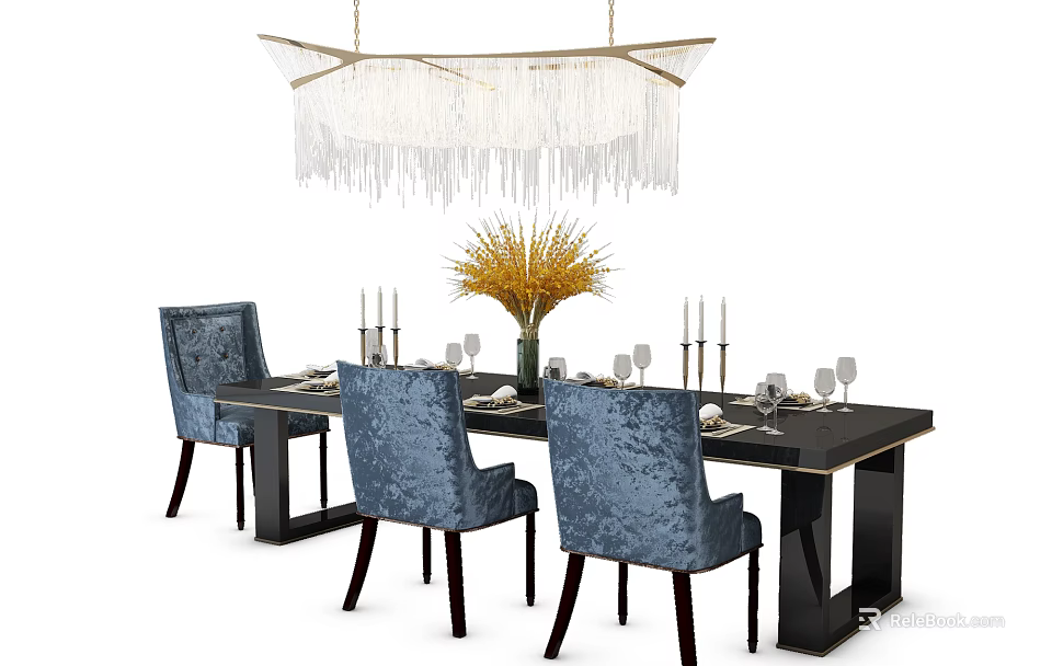 Elegant Dining Set With Black Table Blue Chairs Tableware Vase Yellow Flowers And White Chandelier 3d model 