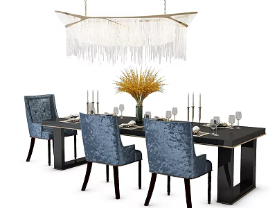 Elegant Dining Set With Black Table Blue Chairs Tableware Vase Yellow Flowers And White Chandelier 3d model