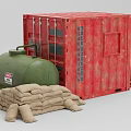 Industrial Equipment Including Red Storage Container Green Oil Tank And Sandbags